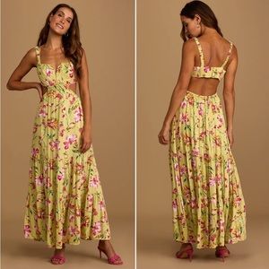 Lulu’s Sweet Statement Chartreuse Floral Print Cutout Maxi Dress
